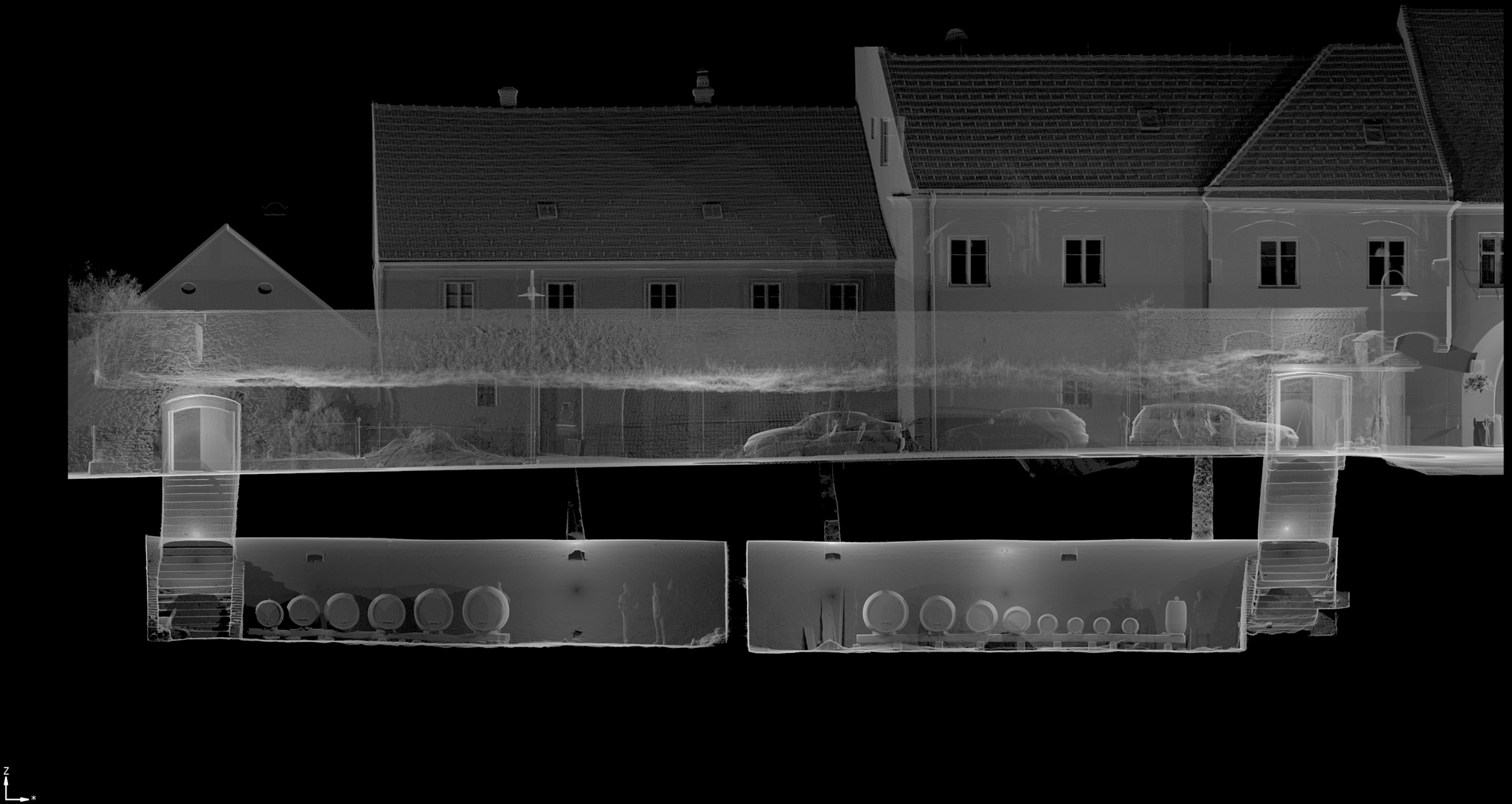 Längsschnitt durch die Kelleranlage mit Nachbarkeller (links) aus 3D-Laserscan(rechter_Keller)